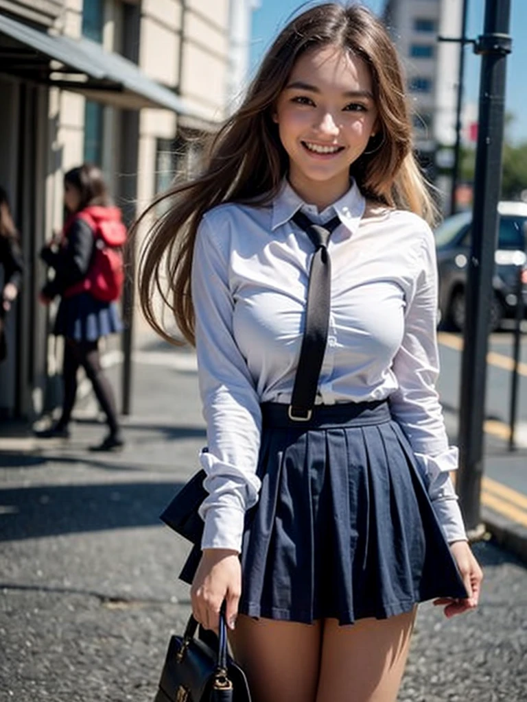 (smile)、Cute Girl、fun、(((smile)))、high school girl、((Schoolgirl uniform))、(The eyes are light brown)、(((Droopy eyes))),Ultra-realistic、photograph、(((Pedestrian precinct)))、Short skirt、 The face is very beautiful、Clear eyes、(((Eyes with big eyes)))、Pedestrian precinct、intersection、Japanese girls' high 、 bench、Dark blue pretz skirt、Large bust、((Sexy young woman's body:1.4))、
