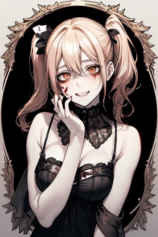 Top quality, (background detailed), high contrast, super beautiful girl, detailed original illustration, functional, delicate face, attractive, bad girl, sexy, real breasts, crazy smile, crazy eyes, heads up, pale skin, bloody, blood shower, blood dress, wrist cut, twin tails, Yandere, Mengele, Mine type, Lolita, Blood Makeup, Red, Black Background, (Black Background: 1. 5), Beautiful Line Drawing