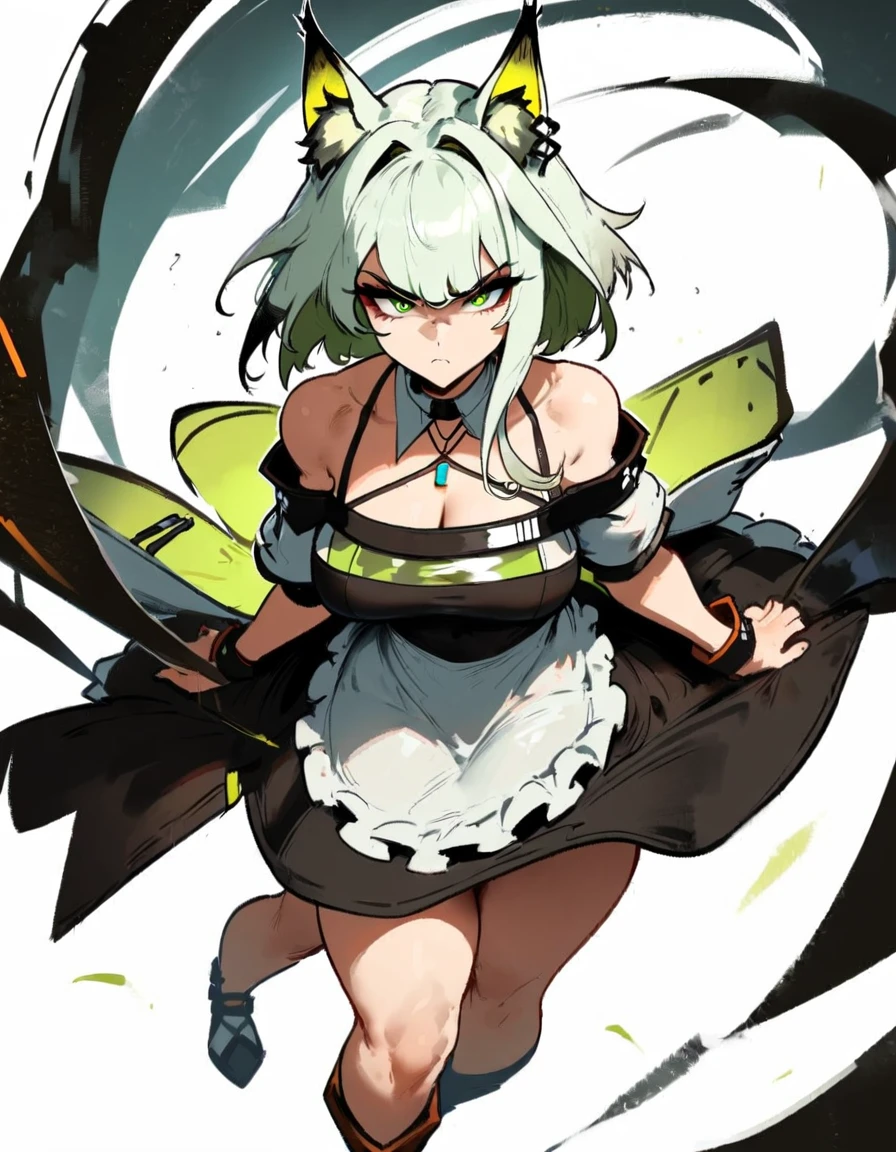 1girl, kal'tsit \(arknights\), arknights \\\\\ masterpiece, best quality, very aesthetic, absurdres, newest \\\\\\ slim body,///// ,by nyantcha,cutesexyrobutts , by khyle,,////// beautiful face, sexy, serious, angry, green eyes, animal ears, big tits,  in the center of the frame,full body ,  solo,maid uniform, (white background:1.2),skirt