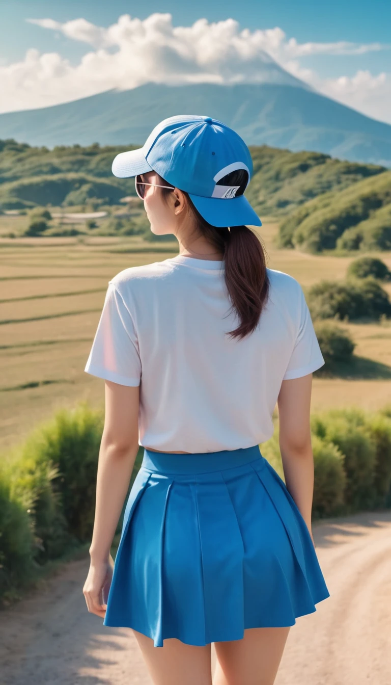 image of a beautiful woman  with a white t-shirt, on the back the number 11 and the text "KIKI", blue skirt, pink cap, sunglasses, with a fantastic aesthetic landscape in the background, hd, 8k, realistic