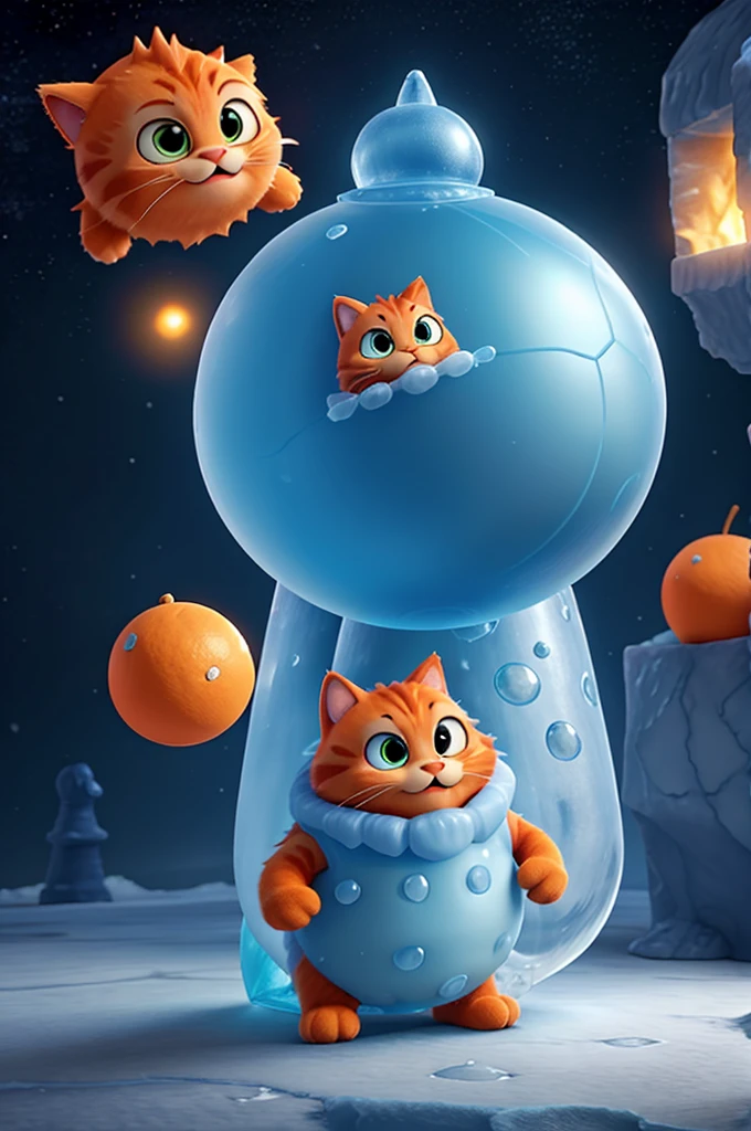 A orange cat using ice magic ball defeats an ice golem monster, in a disney pixar 3D style.