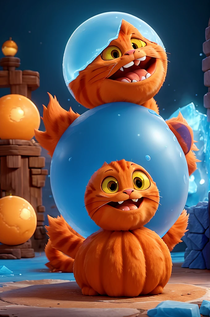 A orange cat using ice magic ball defeats an ice golem monster, in a disney pixar 3D style.