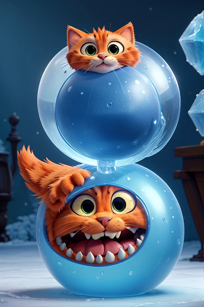 A orange cat using ice magic ball defeats an ice golem monster, in a disney pixar 3D style.