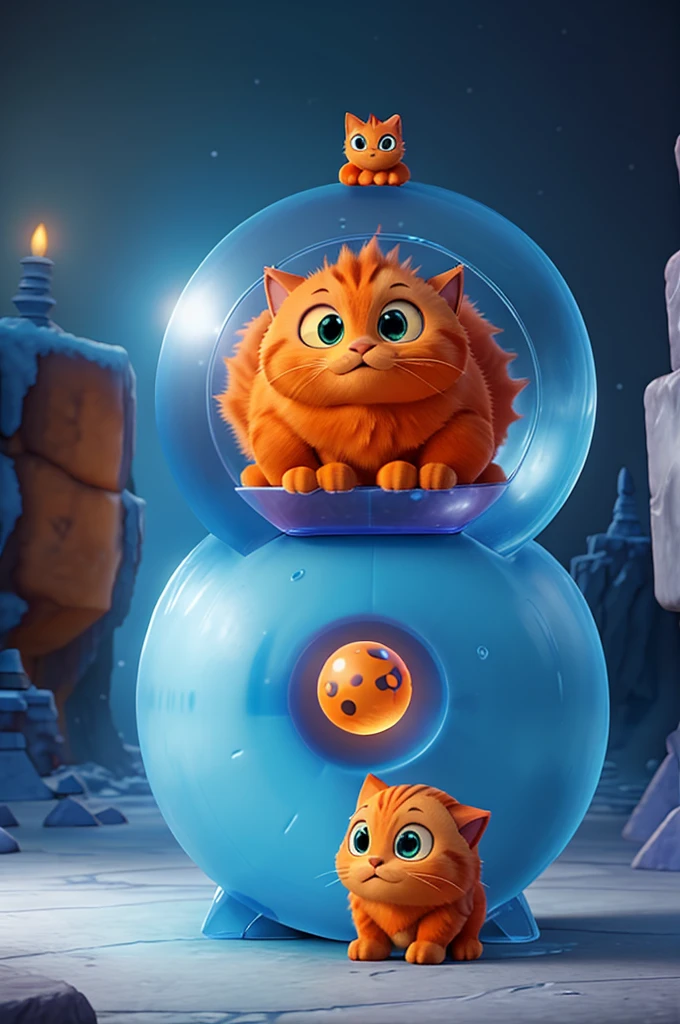 A orange cat using ice magic ball defeats an ice golem monster, in a disney pixar 3D style.