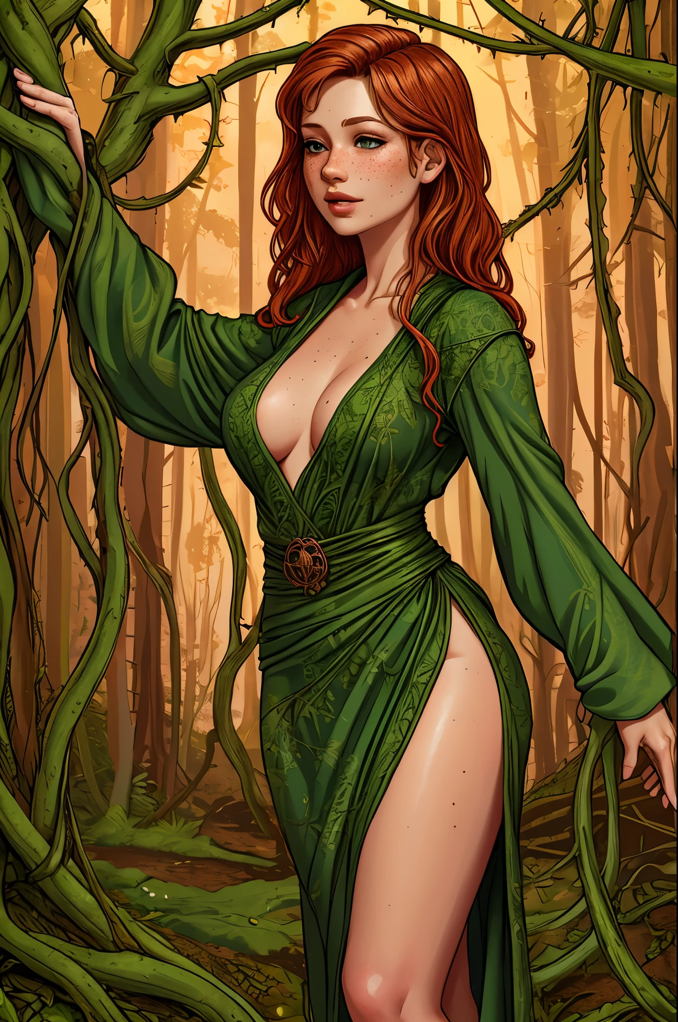 rubenesque woman, standing in a forest glade, small brook, woman, reddish-blonde, freckles, ((covered in vines)), naked, druidess, vines, robe of vines and leaves, pinup, ((see-though)) clothes