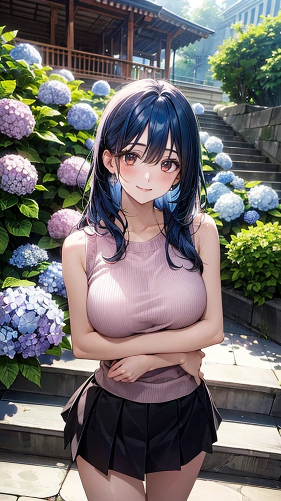 ((Highest quality)), ((High resolution)), ((masterpiece)), (detailed), (photograph),
View your viewers, Cowboy Shot, Written boundary depth, Anatomically correct, Mature Woman, Perfect Face, Cute and symmetrical face, Shiny skin,
(Long Hair, Blue Hair), Hair between the eyes, Chestnut brown eyes, Long eyelashes, (Big Breasts:0.9),
Beautiful Hair, Beautiful Face, Beautiful details, Beautiful clavicle, Beautiful body, Beautiful breasts, Beautiful thighs, Beautiful legs,
(Pink sleeveless sweater, White flared skirt),
(Beautiful views), Sun shower, (Hydrangea), Temple grounds, Long staircase, stand in the middle of the stairs, (Cute Smile),