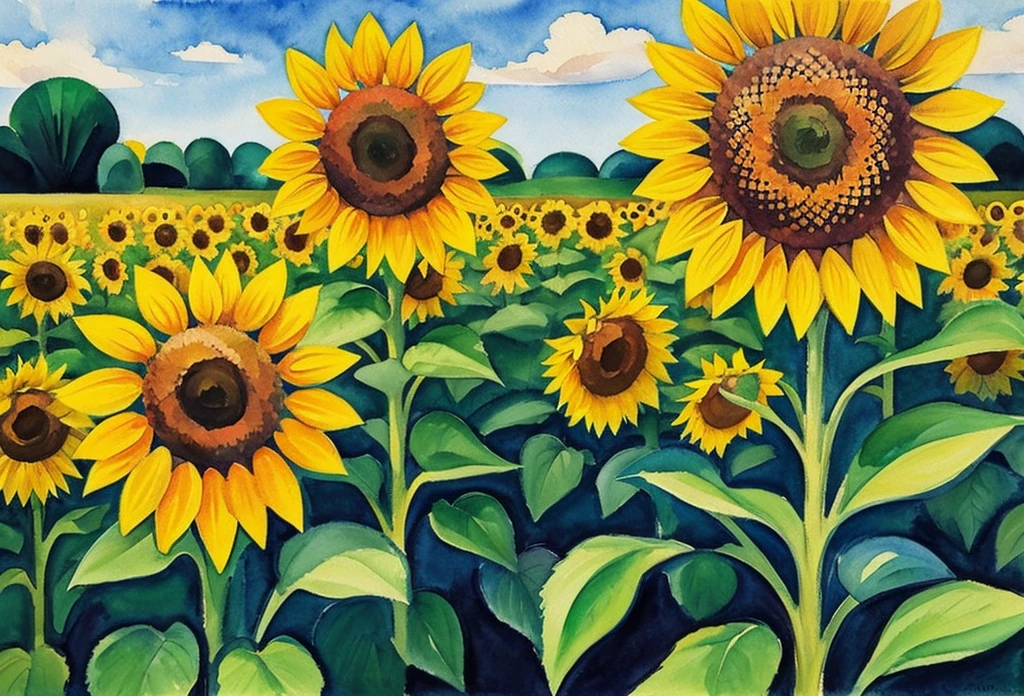 august macke style watercolor floral painting sunflower garden under sunshine