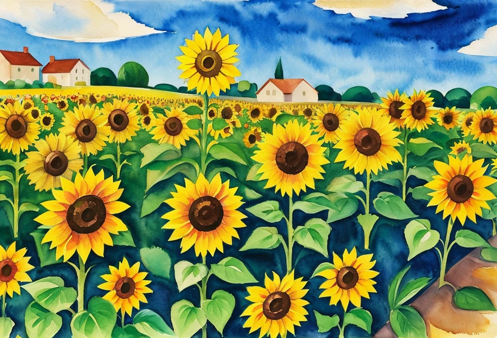 august macke style watercolor floral painting sunflower garden under sunshine