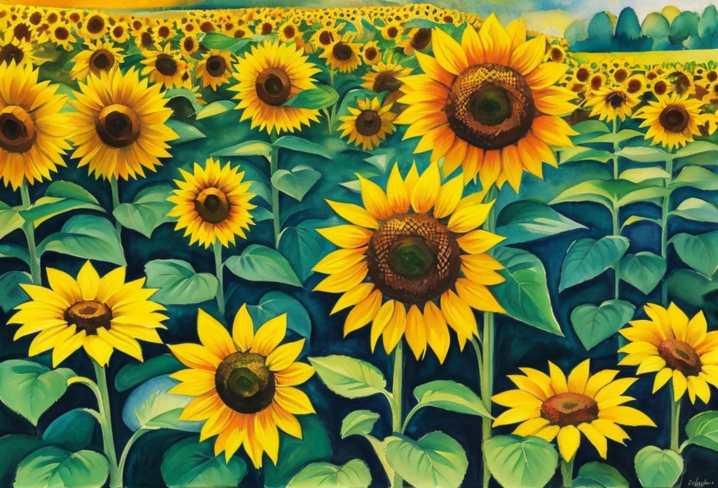 august macke style watercolor floral painting sunflower garden under sunshine