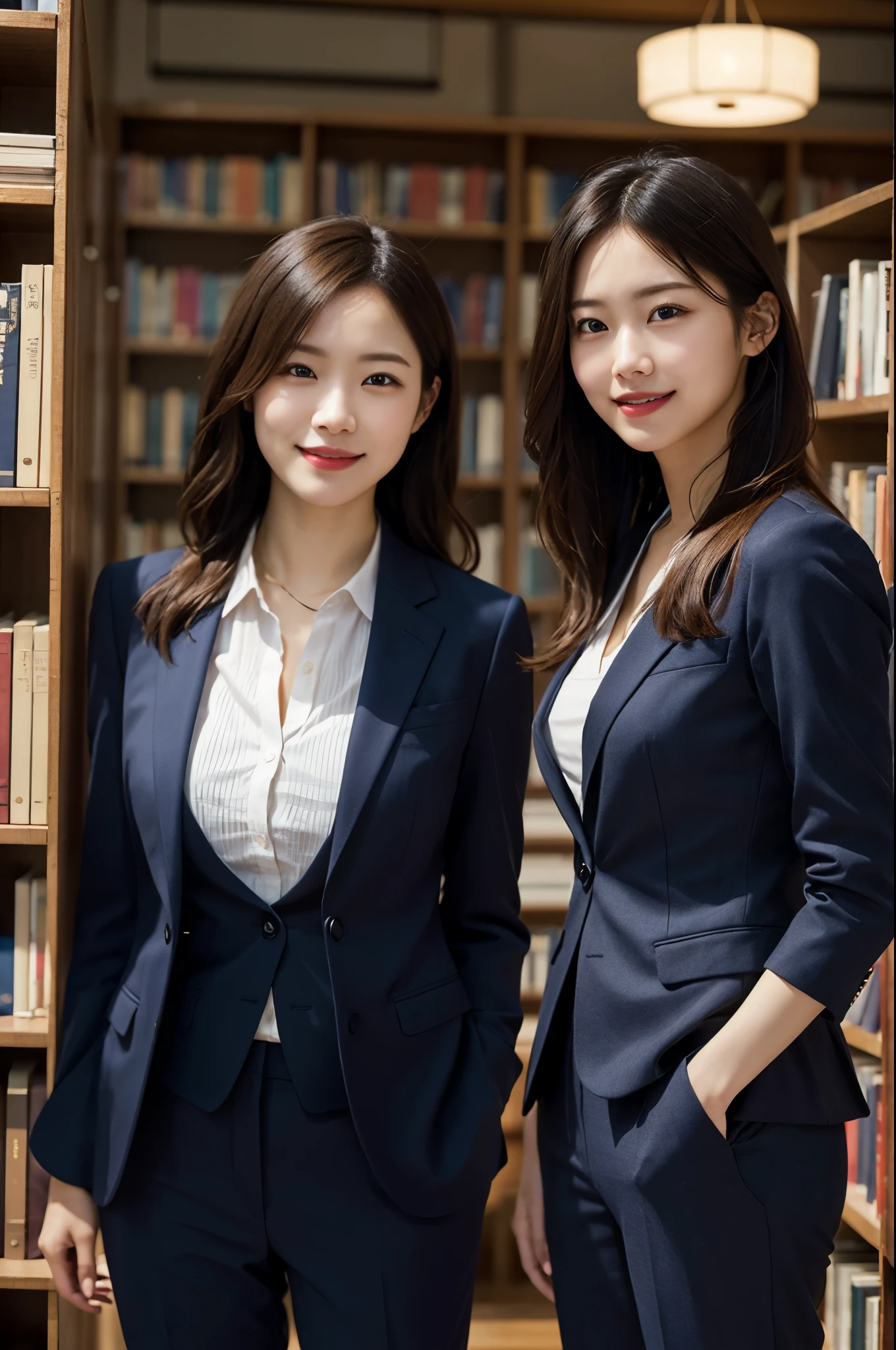 (8k、RAW Photos、highest quality、masterpiece:1.2)、(Realistic、Realistic:1.37)、Very detailed、超A high resolution、1 girl、View your audience、Beautifully detailed face、A smile showing just a few teeth、narrow、(Slim waist) :1.3)、((Wearing a suit))、beautifully detailed skin、Skin Texture、Floating Hair、Shapely large breasts、Professional Lighting、Bright room、Bright library、Human whole body、Black Hair、I have a book、