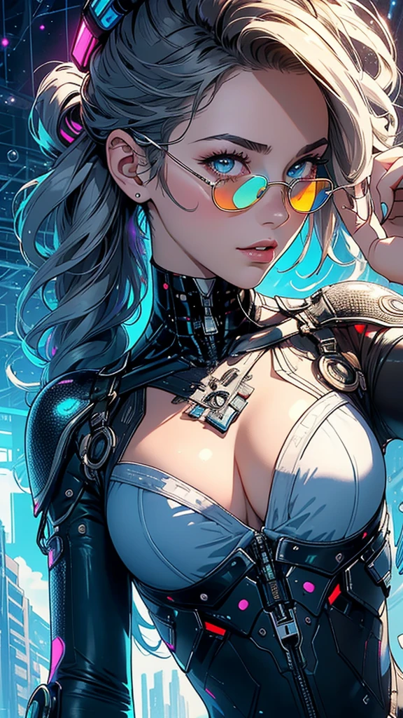 (((masterpiece, highest quality))),(((solo:1.2))),(((1girl:1.2))),32k wallpaper, very detailed,(((((portfolio))))),(((((Close-up))))),(((((bust up))))),((((more various angle)))),(((highlight))),((((heterochromia)))),(((complete. detailed face))),((((Extremely talented)))),((((Wonderfully detailed complicated machine)))),((((genius mechanic)))),((Overall colorfully)),(((futuristic galaxy))),(((perfect clear skinn))),(((Cleavage))),(((maximum sunglasses))),(((reflection neon)))
