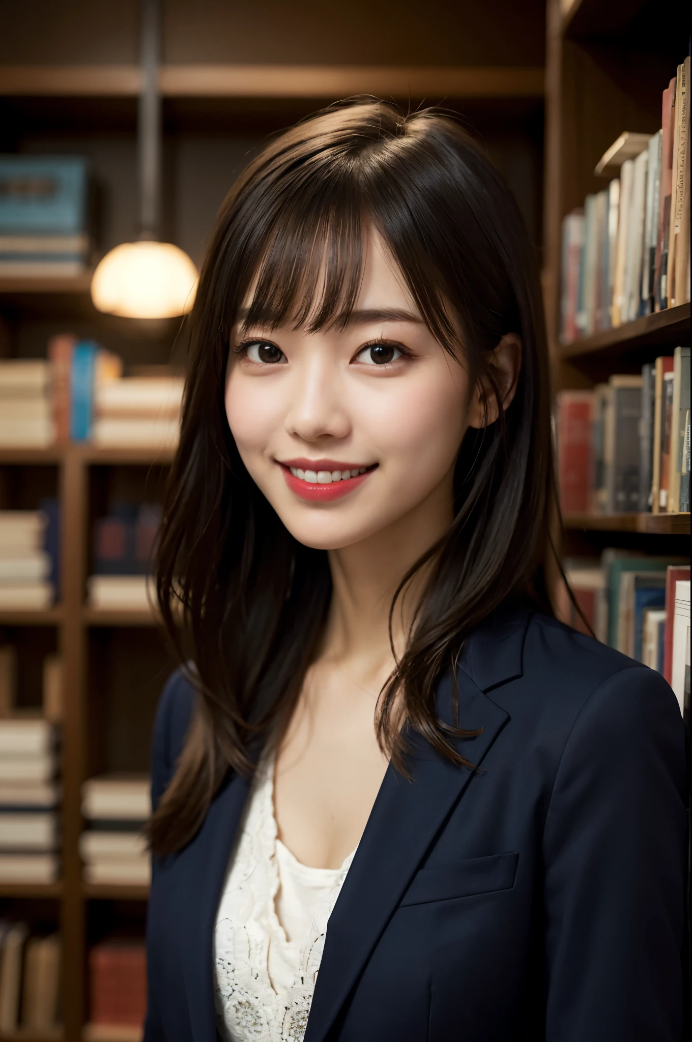 (8k、RAW Photos、highest quality、masterpiece:1.2)、(Realistic、Realistic:1.37)、Very detailed、超A high resolution、1 girl、View your audience、Beautifully detailed face、A smile showing just a few teeth、narrow、(Slim waist) :1.3)、((Wearing a suit))、beautifully detailed skin、Skin Texture、Floating Hair、Shapely large breasts、Professional Lighting、Bright room、Bright library、Human whole body、Black Hair、I have a book、