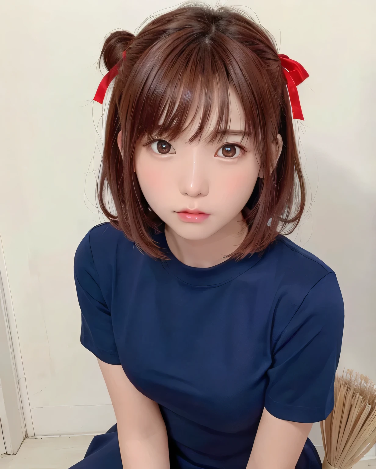 8K、masterpiece、Highest quality、High resolution、Super Resolution、Very detailed、 ((Close-up shot of face)) 、(1. Cute girl、()、slim、thin、Flat Body)、Realistic skin texture、Professional lighting and shadows、Navy crew neck dress、Red hair ribbon、broom、