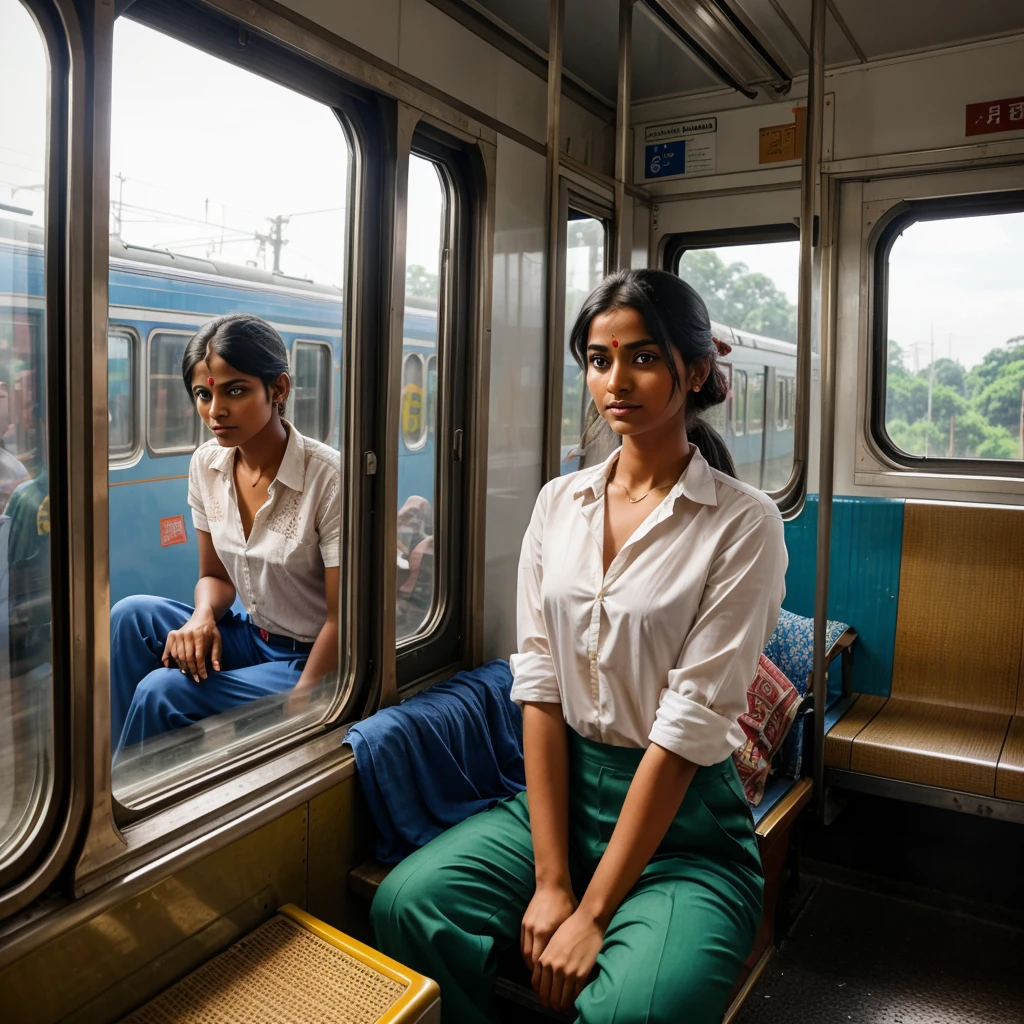 Imagine Lord Krishna standing in the platform near the window of a local train in a rural area, looking through the window at a very young woman seated inside the train, as if she is seeing lord krishna off for a journey. Inside the train, a middle-aged unknown man stands casually in front of the woman, minding his own business, wearing a shirt and pants. The train is waiting on the platform and is about to start.