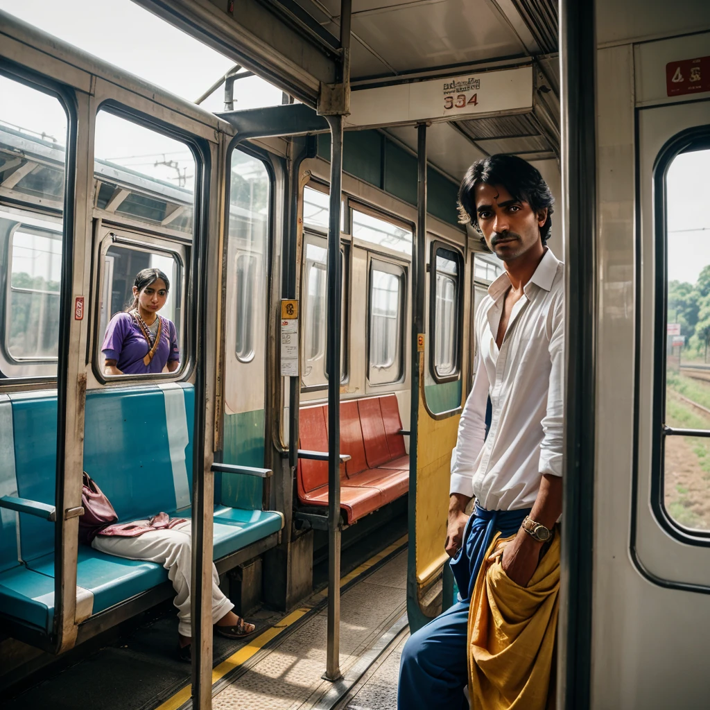 Imagine Lord Krishna standing in the platform near the window of a local train in a rural area, looking through the window at a very young woman seated inside the train, as if she is seeing lord krishna off for a journey. Inside the train, a middle-aged unknown man stands casually in front of the woman, minding his own business, wearing a shirt and pants. The train is waiting on the platform and is about to start.