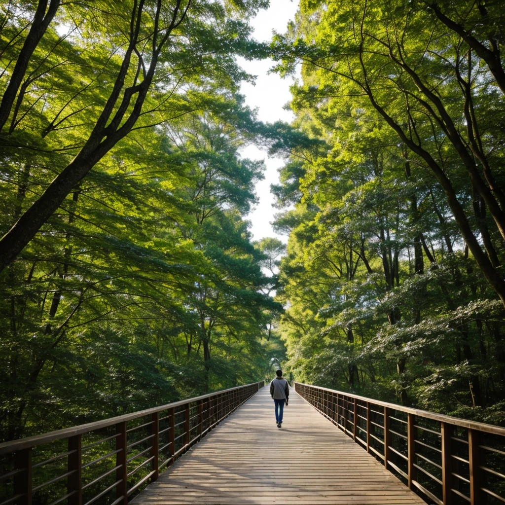 A person walking over a bridge with trees asian