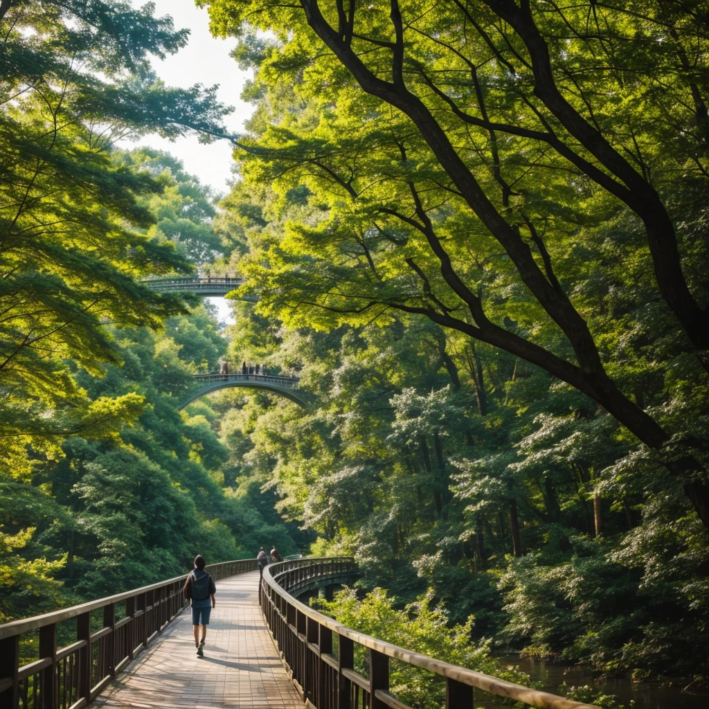 A person walking over a bridge with trees asian