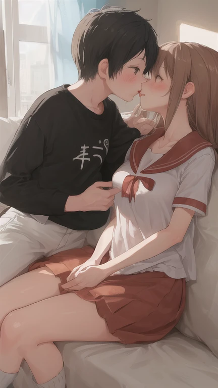 1boy and 1girl, kissing, (lips touching), casual clothes