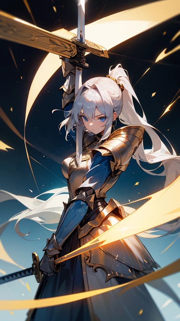 (Long Hair) (Golden Hair) (Silver Armor) (Light background) (Dark blue eyes) (Carry a long sword),beautiful girl,One person,hold a long sword,ponytail,skirt