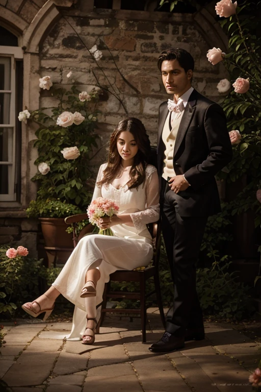 there is a man and woman posing for a picture outside in the garden , soft bright light , sunny day ,  wedding photo, couples portrait , ((garden of rose flowers ))