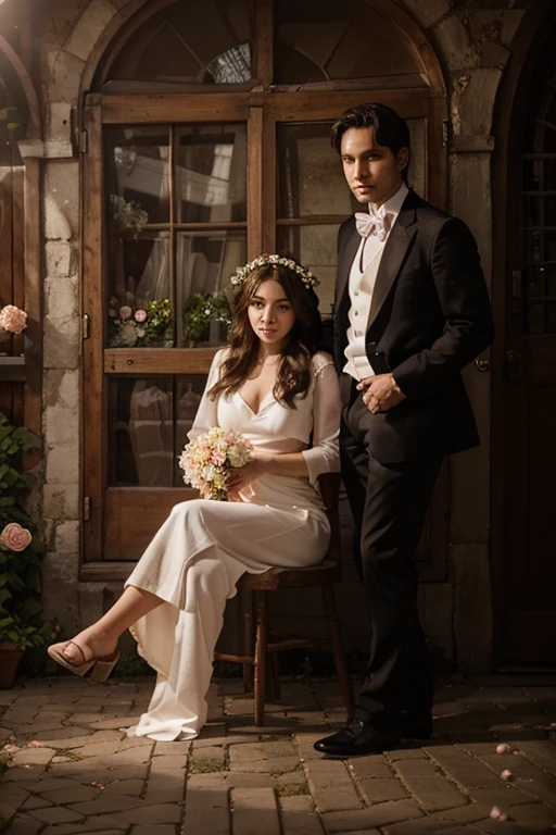 there is a man and woman posing for a picture outside in the garden , soft bright light , sunny day ,  wedding photo, couples portrait , ((garden of rose flowers ))