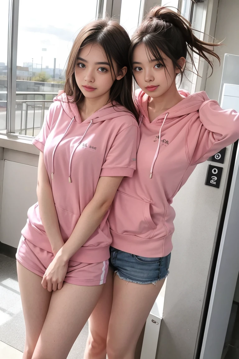 deux femmes ensemble de 18 ans sexy et mince , pink short sleeve hoodie , salle de classe, se touche,position sey,sensuel