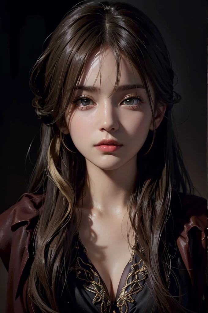 (front focus), (in the dark:1.6), Hyperrealist portrait of female by david hockney and alphonse mucha, regular medium breast, fantasy art, photo realistic, dynamic lighting, artstation, poster, volumetric lighting, very detailed faces, 4 k, award winning, 1girl, in the dark, deep shadow, low key, cowboy shot, (official clothing with a little cleavage:1.4), long blonde silky hair, white hair