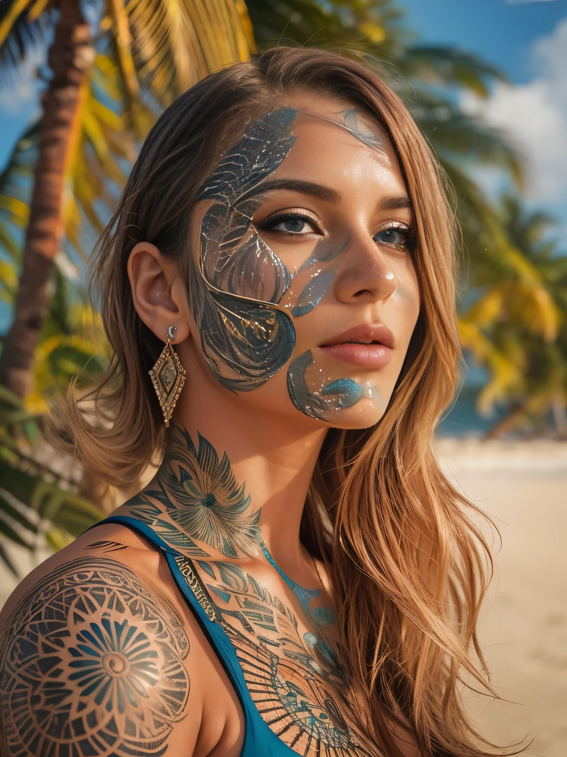 a gorgeous european woman, 23 years old, body covered in beautiful tattoos, outside on a caribbean beach, (best quality,4k,8k,highres,masterpiece:1.2),ultra-detailed,(realistic,photorealistic,photo-realistic:1.37),beautiful detailed eyes,beautiful detailed lips,extremely detailed eyes and face,longeyelashes,detailed body tattoos,tropical beach scenery,ocean waves,sandy beach,coconut palm trees,warm sunlight,vibrant colors