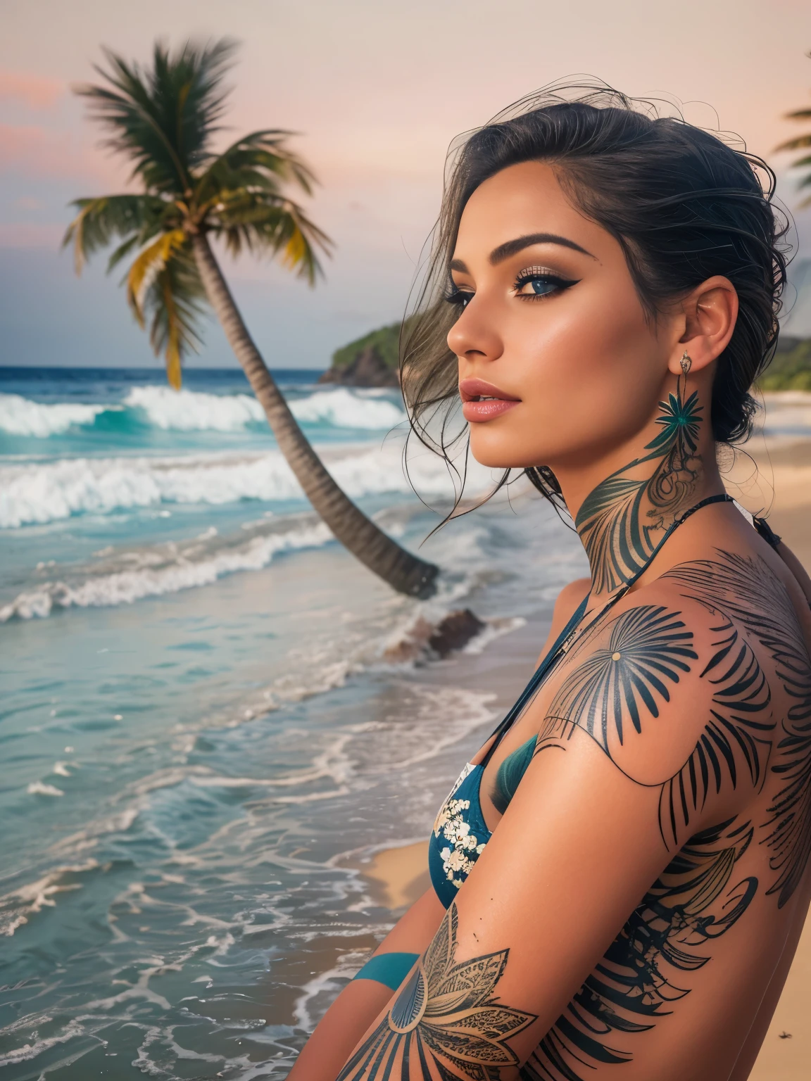 a gorgeous european woman, 23 years old, body covered in beautiful tattoos, outside on a caribbean beach, (best quality,4k,8k,highres,masterpiece:1.2),ultra-detailed,(realistic,photorealistic,photo-realistic:1.37),beautiful detailed eyes,beautiful detailed lips,extremely detailed eyes and face,longeyelashes,detailed body tattoos,tropical beach scenery,ocean waves,sandy beach,coconut palm trees,warm sunlight,vibrant colors