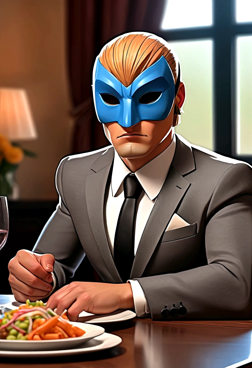 comic artwork of a man in a business suit, wearing a wrestling mask, sitting at a dinner table, crosshatching, 2D, Sharp, Detailed, HD, HDR, High Quality, High Resolution, Masterpiece, single panel