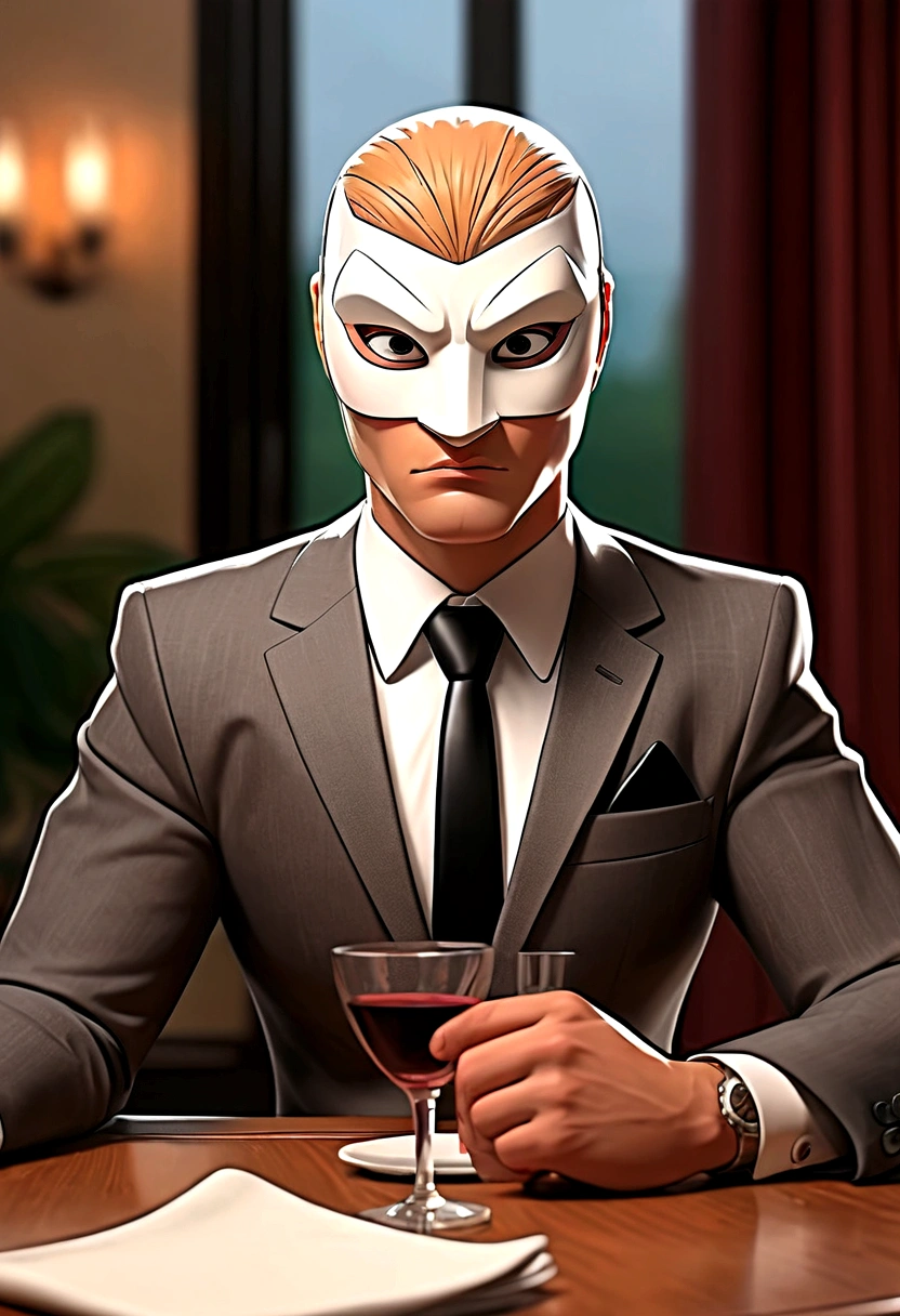 comic artwork of a man in a business suit, wearing a wrestling mask, sitting at a dinner table, crosshatching, 2D, Sharp, Detailed, HD, HDR, High Quality, High Resolution, Masterpiece, single panel