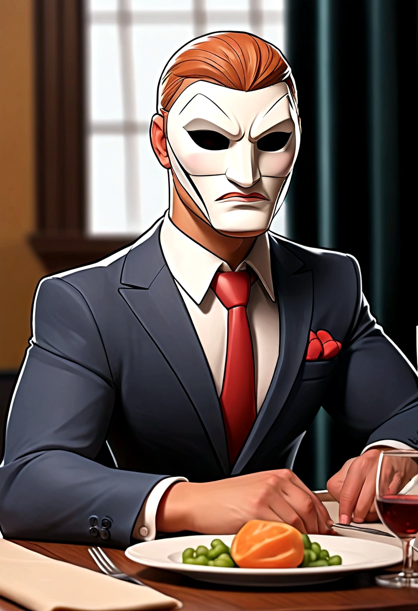 comic artwork of a man in a business suit, wearing a wrestling mask, sitting at a dinner table, crosshatching, 2D, Sharp, Detailed, HD, HDR, High Quality, High Resolution, Masterpiece, single panel