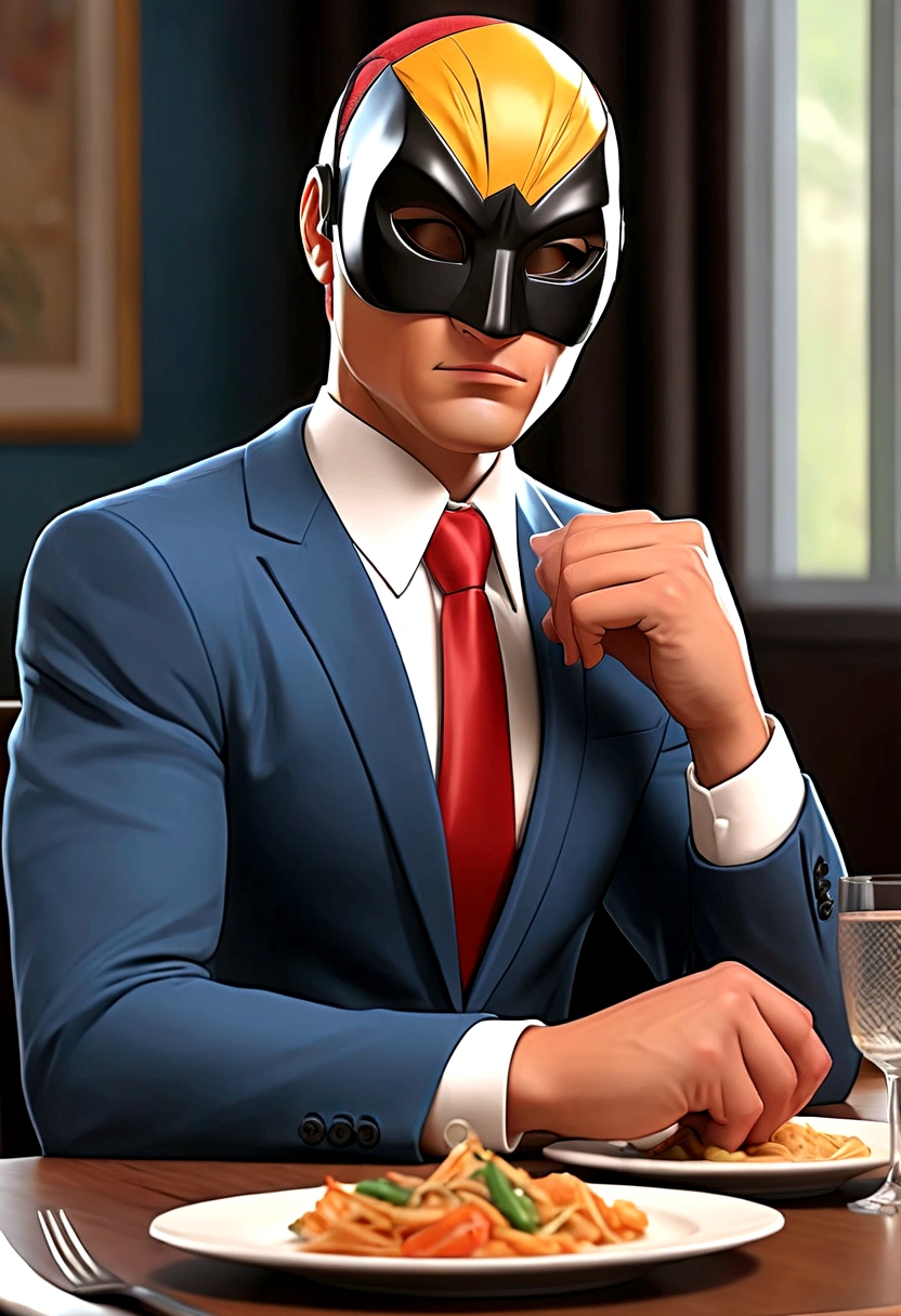 comic artwork of a man in a business suit, wearing a wrestling mask, sitting at a dinner table, crosshatching, 2D, Sharp, Detailed, HD, HDR, High Quality, High Resolution, Masterpiece, single panel