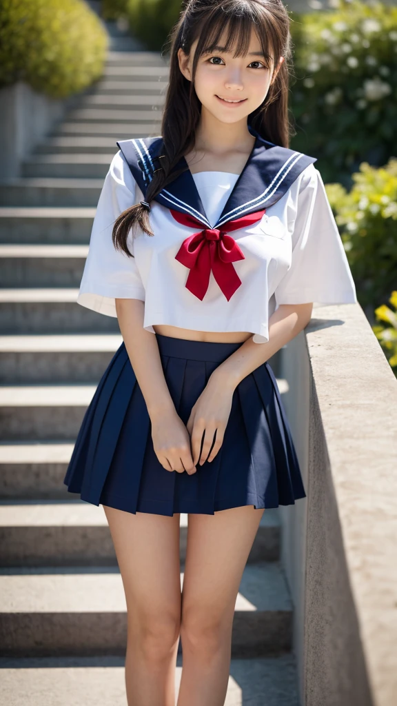 8k UHD、Digital single-lens reflex camera、High resolution、shallow depth of field、Natural light、(((sailor suit)))、(((Dark blue super mini skirt)))、(((full body shot)))、small person、(((young face)))、1 Japanese girl、; beautiful girl、(black hair)、(((brown eyes)))、Glossy skin、smooth thin hair、long hair、detailed background、highly detailed eyes and face、clear eyes、cute smile、Calm atmosphere、(((climb the stairs)))、(((detailed small breasts)))、(((beautiful eyes)))、petya pie、children `s、(((tight thighs)))、(((white panties)))、(((angle from below) ))、(((detailed lips)))、(((The skirt is fluttering)))、beautiful shining legs、((nsfw))