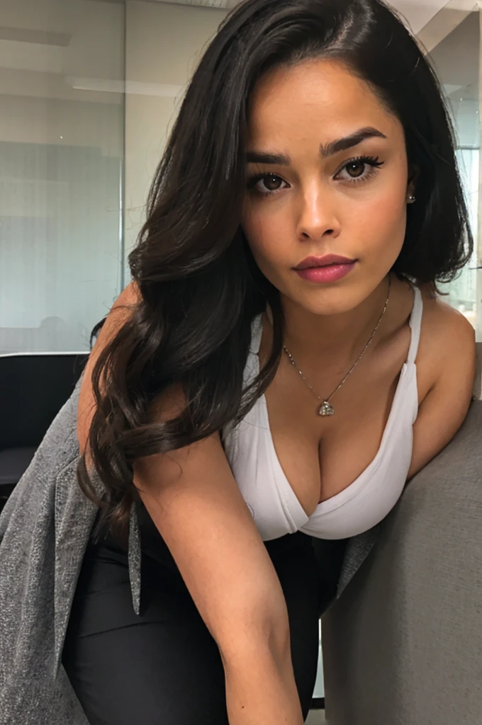 office, an eye contact from a woman ohwx, with bow and dark theme, crouched, Great 