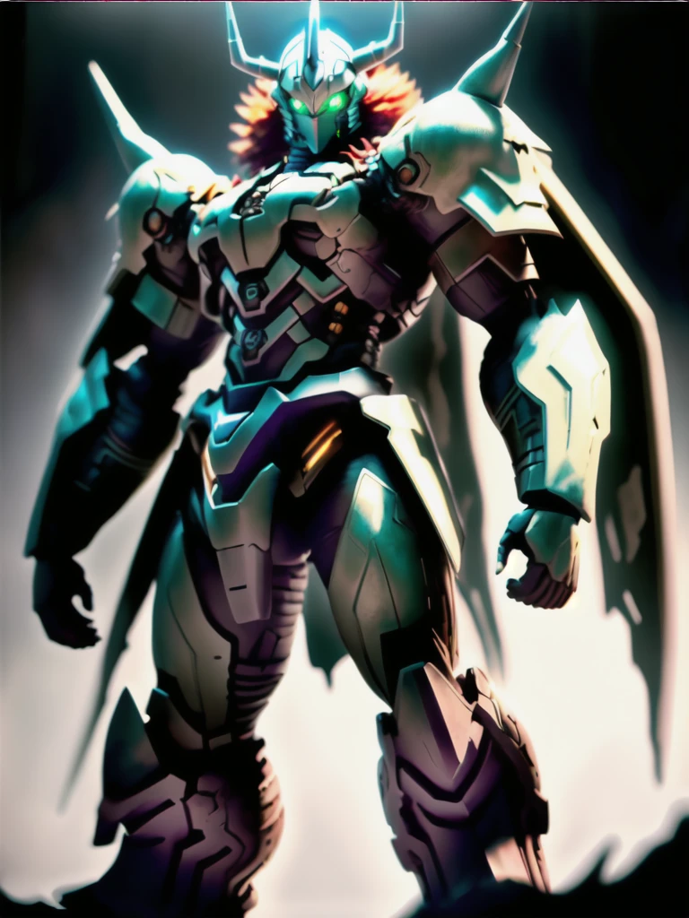 Humanity, alone, WarGreymon, armor, male, Digimon, Helmet, horn, Green Eyes, View your viewers, break, Detailed Background, Realistic, 8k hd, Attention to detail, (Dark Shadows, Wide dynamic range, High resolution, Low Light:1.2),Realistic depiction, mysterious, dynamic poses,