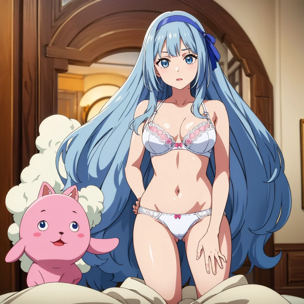 White 、White 、In 、masterpiece, highest quality, 8K,Mylene HFV4, Anime Coloring,  One girl,  jewelry, hair band, blue hair band,Very long hair,Pink 