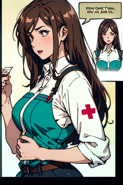 Mature women with long brown hair with lipstick , gentle eyes, holding herbs and preforming first aid , manga page with panels and dialogue    