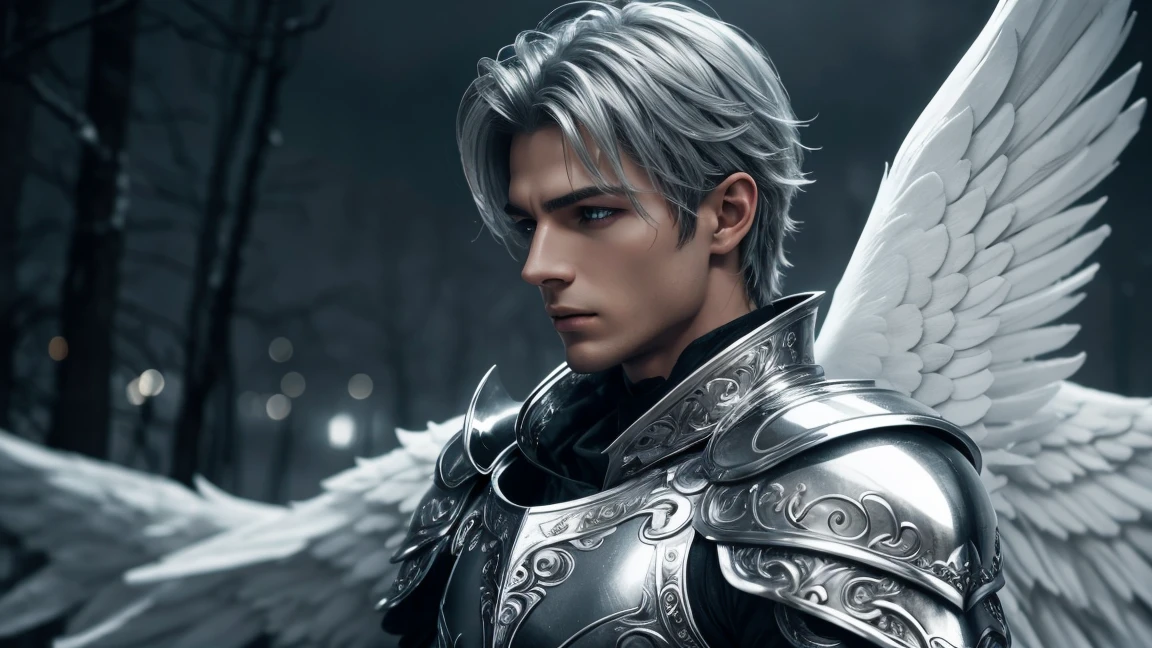 Close-up Beautiful male Angel; dressed in silver metallic armor, has beautiful white wings; the scene is cold and dark, the atmosphere is damp and gloomy; Cinematic image; photo realistic; high contrast