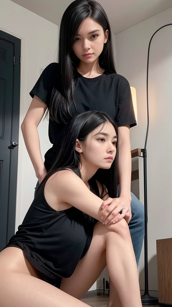 a woman wearing a black shirt and black denim shorts with long black hair she is in a small, empty room with gray walls she is sitting on the floor with her back against the wall there is a light bulb that is coming from the ceiling with a very long wire to it woman is holding the lamp by the cord close to her face the lamp is on illuminating the room, the entire image has a slightly grayish tone the perspective of the image is frontal where we can see the woman and her dark brown eyes, she wears makeup around her eyes, behind the woman is the gray wall, the floor is woody.