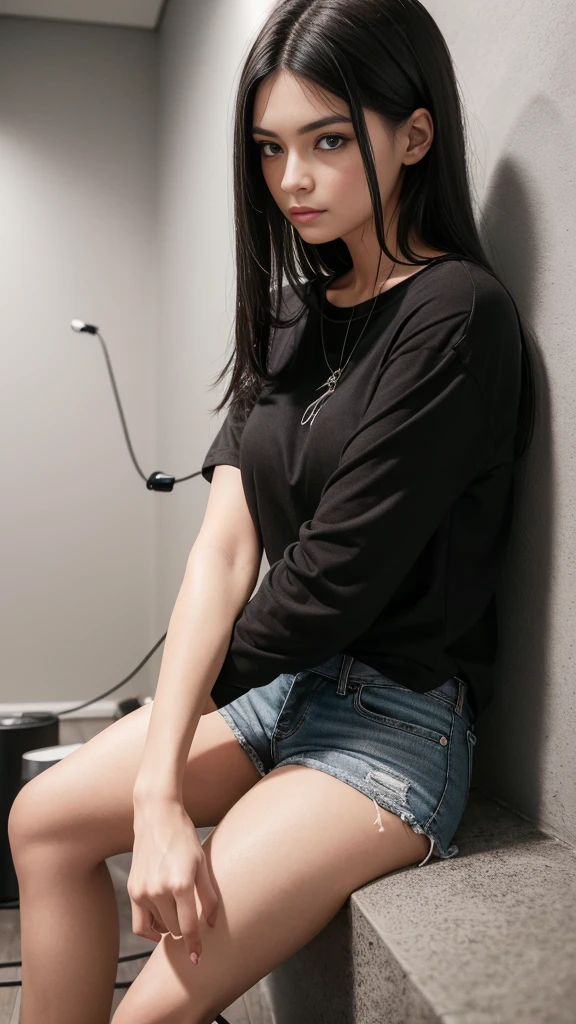 a woman wearing a black shirt and black denim shorts with long black hair she is in a small, empty room with gray walls she is sitting on the floor with her back against the wall there is a light bulb that is coming from the ceiling with a very long wire to it woman is holding the lamp by the cord close to her face the lamp is on illuminating the room, the entire image has a slightly grayish tone the perspective of the image is frontal where we can see the woman and her dark brown eyes, she wears makeup around her eyes, behind the woman is the gray wall, the floor is woody.