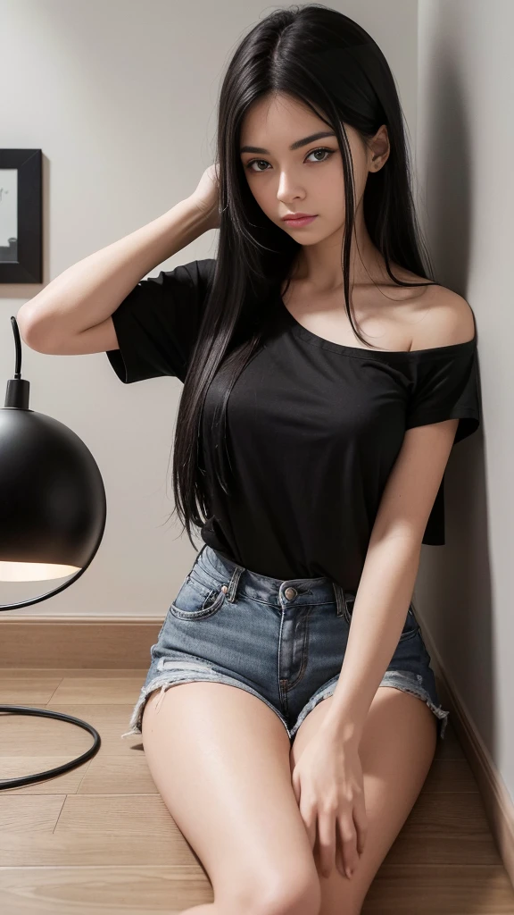 a woman wearing a black shirt and black denim shorts with long black hair she is in a small, empty room with gray walls she is sitting on the floor with her back against the wall there is a light bulb that is coming from the ceiling with a very long wire to it woman is holding the lamp by the cord close to her face the lamp is on illuminating the room, the entire image has a slightly grayish tone the perspective of the image is frontal where we can see the woman and her dark brown eyes, she wears makeup around her eyes, behind the woman is the gray wall, the floor is woody.