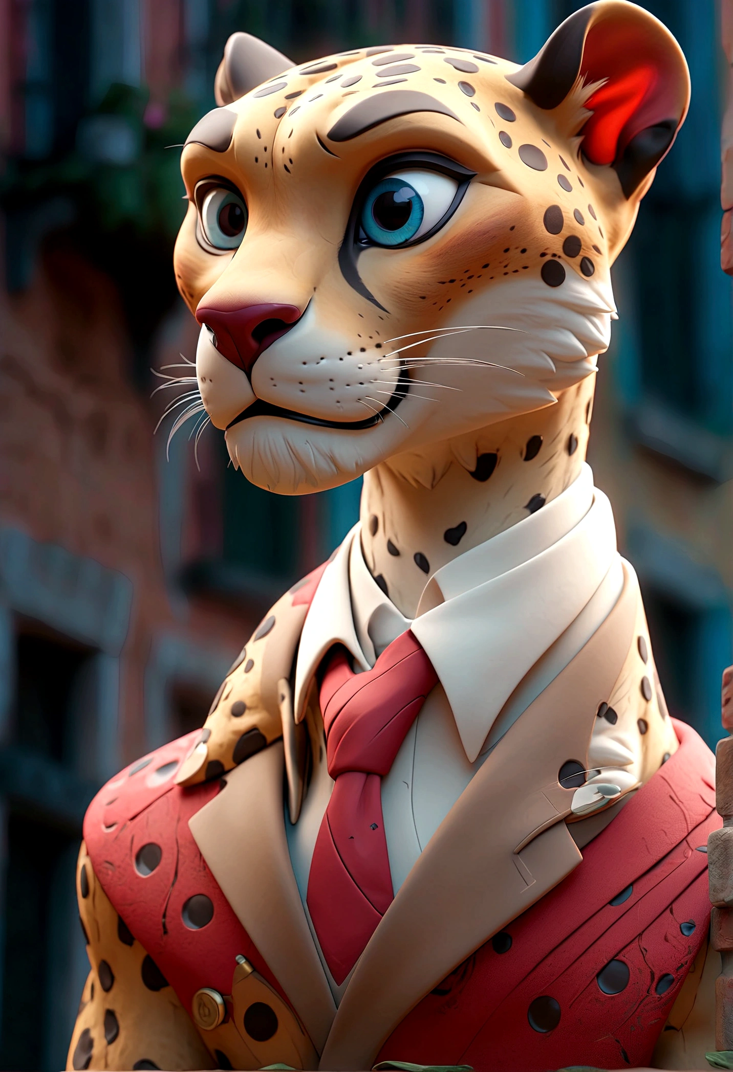 a 3d animated style cheetah humanoid character, wearing a white jacket, blue eyes, Red tie, standing in an italian town, detailed facial features, detailed clothing, highly detailed, 8k, studio lighting, vibrant colors, cinematic composition