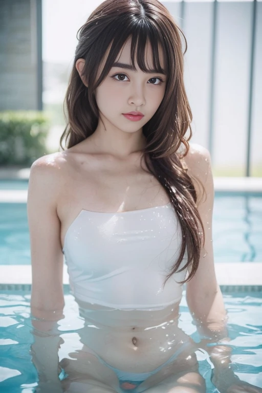 ((Best image quality)、Korean 20 years old, Private luxury mansion,NFSW, high resolution, Natural and smooth implementation, head and body balance、perfect body beauty:1.4、slim、thin legs、((dark brown hair、very :1.2)), naked, wearing only a swimsuit, very 상세한 얼굴 및 피부 질감、eye for detail、shy smile、with legs spread、naked 수영복 , lighting areola、Aiming to become a gravure idol、top quality、reality、 exposed groin、cute appearance、angle from front、small ass、K-pop makeup、embarrassed expression、thin waist, White and clear skin, cute belly fat, chubby, Narrow pelvis,  Slander type, private swimming pool, Popular hairstyles for long hair, skinny body type, young body type, Small pelvis, small shoulder, sexy swimsuit, underboob