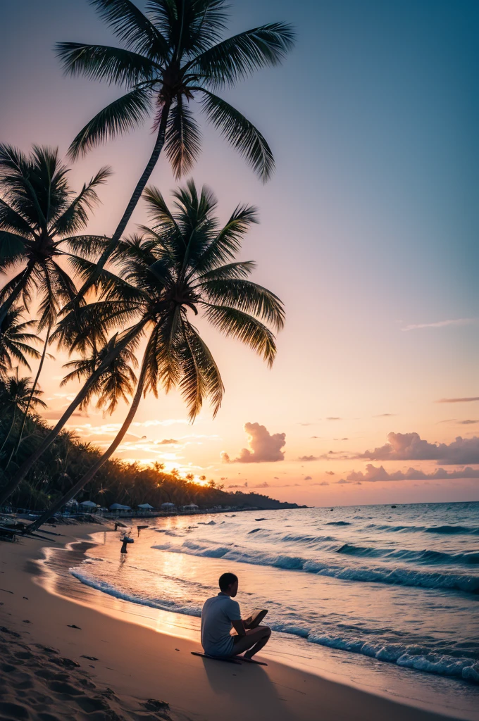 Beach at sunset with waves and coconut trees and a man sitting on the ground 