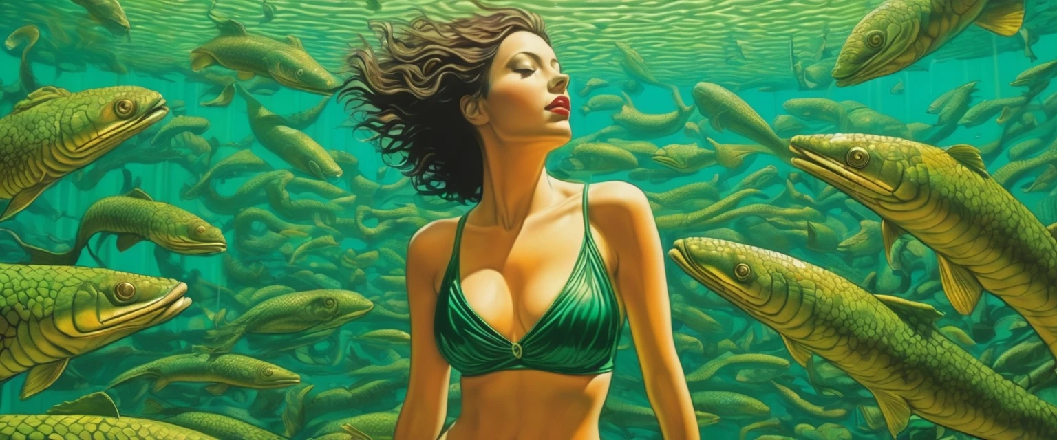 close up of a young woman in a black one-piece bathing suit, swimming in the crystal clear turquoise-green water, surrounded by dozens of gigantic fleshy eels, in the style of dark emerald and light amber, raking sunlight from high above, vertical view looking down, surreal-punk theme, in the style of Terry Gilliam's 'Brazil', by Jacek Yerka and Cliff McReynolds