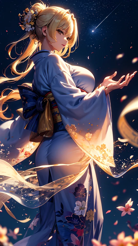 masterpiece, high quality, 4K, Beautiful design, silhouette,blonde, 非常に詳細な夜のStarry Sky,Flower Field, wonderful, Finer details, Very knowledgeable woman, Highly detailed solo, 1 female,Big Breasts,Big Ass,Underwear Line,Yukata in white color,Night view,Starry Sky,full moon,