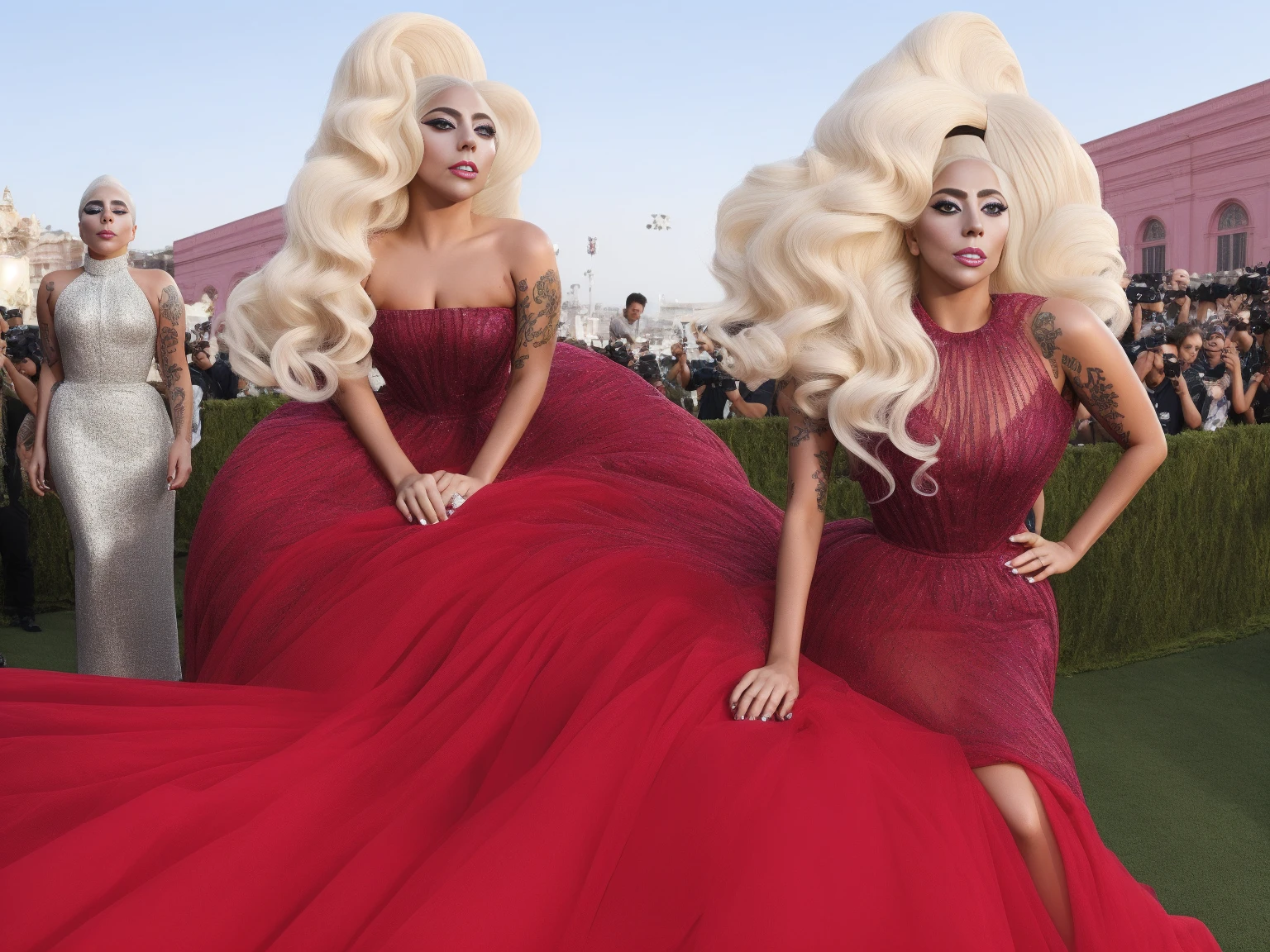 Lady Gaga fashion makeup blond giant fabulous wig backlight hyper detailed burgundy voile gown plays a white grand piano full body stage green lighting
