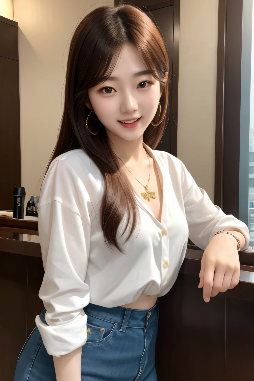 Korean elite girl, (20 years old), in the hotel, bar, necklace, excited expression, (masterpiece, best quality, extremely detailed, hyper realistic) 