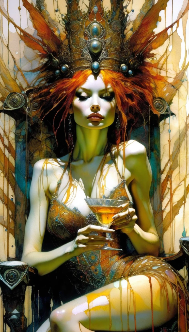 sexy queen sitting on her throne holding a deluxe cup of liquor (art inspired by Brian Froud and Carne Griffiths and Wadim Kashin, intricate details, oil painting)
